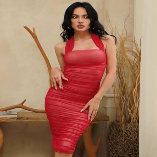 KLEEZY 2021 Summer Mesh Halter Sleeveless Midi Bodycon Dress Sexy Folds Backless Dresses Tail Split Evening Party Women Wearing