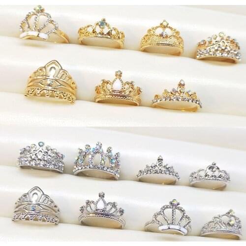 2pcs/10pcs Random Crown Shape Rings Golden Silvery Women Girls Fashion Party Crystal Rhinestone Finger Rings Jewelry