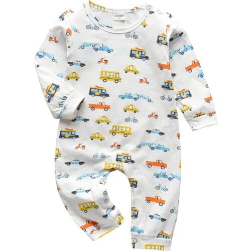 Newborn Babies Romper Pajamas Car Printed Round Neck Jumpsuit Long-Sleeved Onesies For Little Boys Indoor Clothes