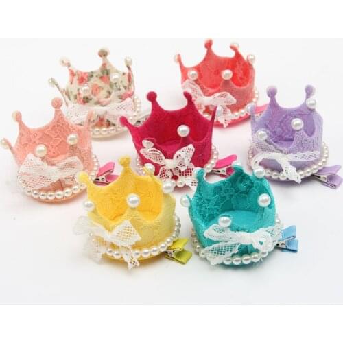 20pcs/lot, Gold Glitter Felt Crown With Pearl and White lace bow with clips Unfinished Birthday Party Hats DIY girl