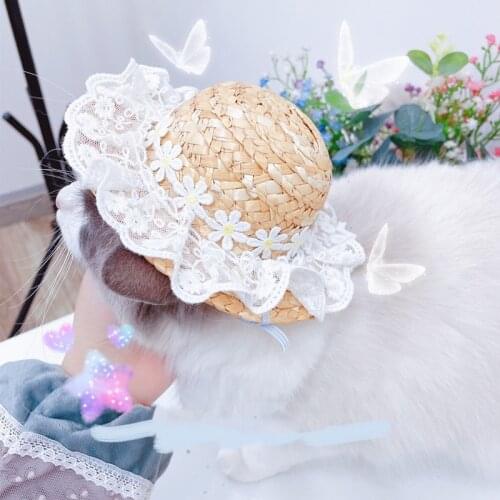 Mini Lace Daisy Straw Dog Cap Hawaii Style Beach Cute Knitted Cherry Pet Cat Sun Hat Party Pets Helmet Dogs Accessories Spring