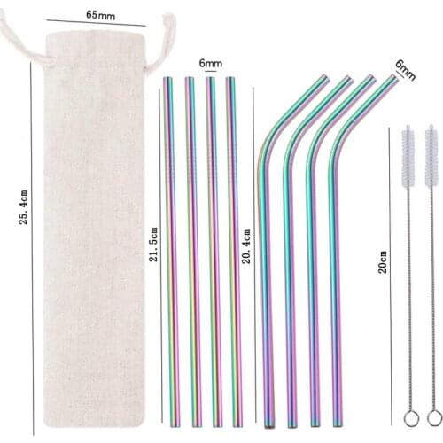 Rainbow Color Reusable Metal Straws 304 Stainless Steel Drinking Straw Set with Cleaner Brush Milk Drinkware Bar Party