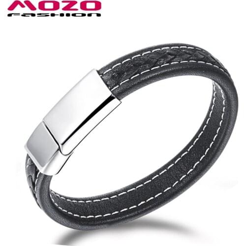 Fashion Bangle Men Punk Jewelry Black Leather Rope Chain Stainless Steel Magnet Buckle Bracelets Accessories