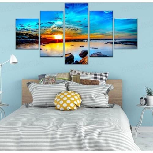 Framework Modular Pictures Vintage Home Decor 5 Panel Sunrise Seaview Paintings On Canvas Posters And Prints On The Wall