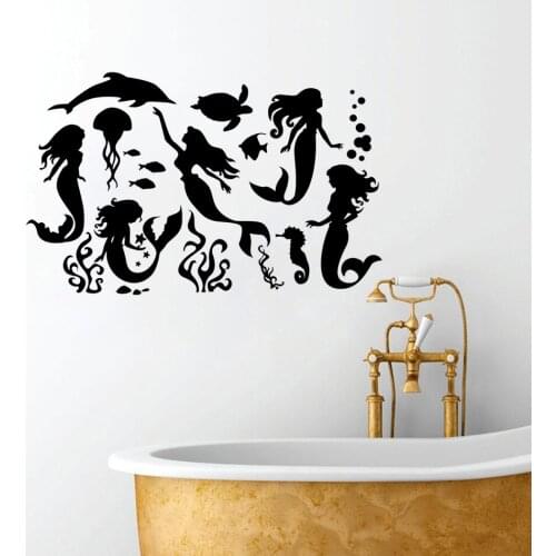 Mermaid Sets Vinyl Wall Sticker Bathroom Sea Style Décor Ocean Animals Fish Wall Art Decal Mermaid Wall Poster Vinyl Art AZ810