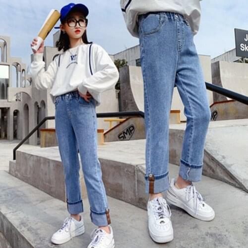 New Girls Jeans Straight Pants Cotton Stretch Denim Trousers Elastic waist Pencil pants 5 6 7 8 9 10 11 12 Years Childrens Wear