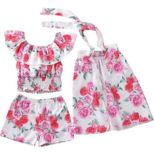 1-6Y Flower Toddler Baby Kid Girls Clothes Set Ruffles Off Shoulder Tops + Skirts +Shorts Outfits Summer Beach Travel Costumes