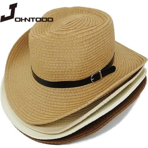 2021 Summer Solid Color Hat Panama Hats Women Men Straw Cowboy Hat Sun Hat Folding Western Wide Curved Brim with Fashion Ribbon