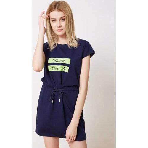 BOSIDENG Short Sleeve Dress Women Adjustable Waist Elegant Soft Daily Ladies Dresses O Neck B80426286