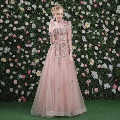 Its Yiiya Evening Dress Pink Long Sleeves Floral Print Lace Up A-line Floor Length Party Gown Evening Gowns Prom Dresses LX028