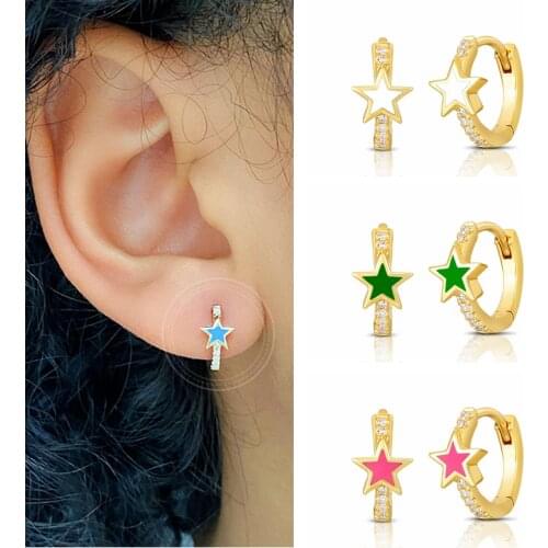925 Sterling Silver Ear Buckle Star Colorful Enamel Huggies Circle Piercing Hoop Earrings Luxury High Quality Jewelry For Women