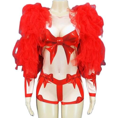 Mesh Puff Sleeve Tassel Bow Print Bodysuits Tight Stretch Jumpsuits DJ DS Light Dance Wear Stage Costume Show Prom Party Costume