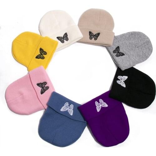 New 2020 Winter Beanies Hat Women Butterfly Embroidery Elastic Knitted Cap Girls Warm Ski Hats Bonnet Men