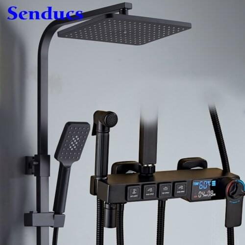 Thermostatic Shower Faucet Senducs Matte Black Thermostatic Shower System Brass Bathtub Mixer Tap Digital Bathroom Shower Set