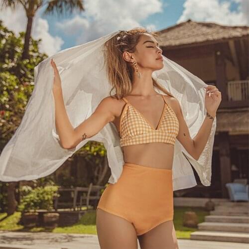 Sexy Yellow Gingham Smocked Bikinis Set Swimwear Women Swimsuits Bathing Suit 2021 Bandeau High-waist Bikini Beachwear