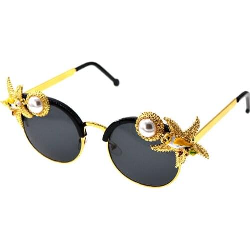Handmade Baroque Retro Rhinestone Five Stars Sunglasses for Women Brand Female Sun Glasses Pearl Eyewear Oculos De Sol Feminino