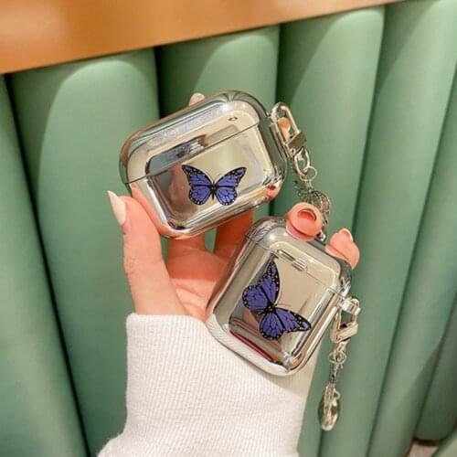 Luxury Electroplate Butterfly Lanyard Chain Pendant Plastic Earphone Case for Airpods 1 2 AirPods Pro 3 Headset Protective Cover