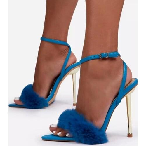 2021 New Pink White Women Sandals Sexy Open Toe Furry Fur Summer High-Heeled Sandals Ladies Wedding Stripper Shoes