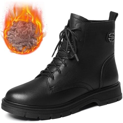 Autumn Winter Ankle Women Boot Shoe Genuine Leather Warm Wool Elegant Fashion Shoe Large Size Footwear Boots Black Lace Up A73