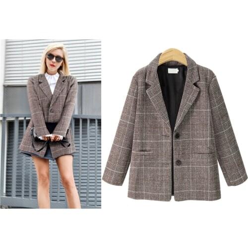 Europe Vintage Plaid Blazer Jackets Autumn Womens Suit Collar Blazers Coats Long Sleeve Loose Blazers Plus Size Outerwear Coat