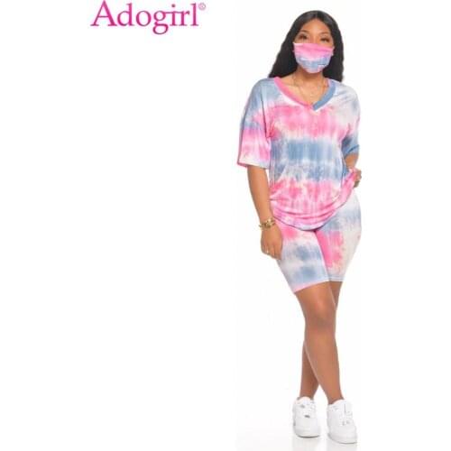 Adogirl Tie Dye Print Women Casual Two Piece Set 2020 Summer Tracksuit Short Sleeve T Shirt Top Tight Shorts Gym Fitness Suit