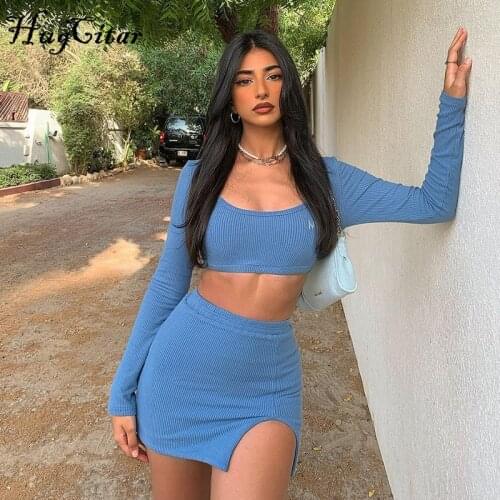 Hugcitar 2021 Long Sleeves Solid Navel Low Neck Bodycon Top Sexy Mini Dress Set Summer Women Fashion Streetwear Outfits Y2K