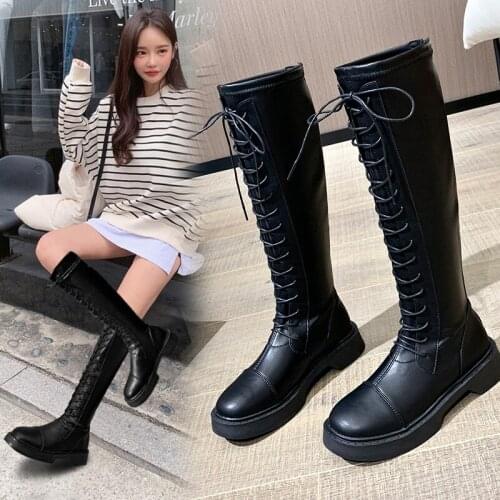 Winter Plus Velvet Stretch Stovepipe Womens Boots But Knee Boots All-match Black Casual Womens Shoes Zipper Lace-up Boots