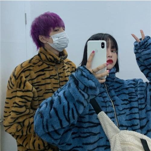 Winter Women Coats Plush Harajuku Vintage Thick Warm Female Jackets Ropa 2021 Fashion Zebra Striped Parka Outwear Mujer Chaqueta