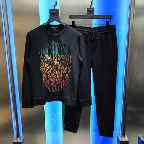 Winter Oversized Top + Pants Jogging Hot Rhinestone Hip Hop Diamond Glowing Big Skull Mens Tracksuit Casual Sets