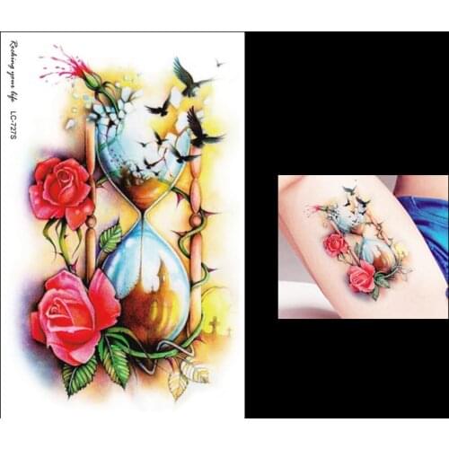 1pc Trendy Waterproof for Women Fake Body Art Sand Clock Rose Painting Tattoo LC-727S Temporary Flower Arm Sleeve Tattoo Sticker