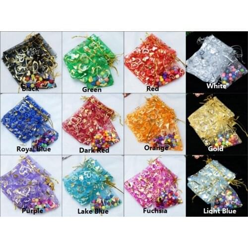 100pcs/lot Random Mixed Color Organza Bag 11x16cm Heart Design Wedding Gift Jewelry Packaging Organza Pouches Nice Gift Bags