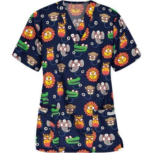 2021 Women Short Sleeve Tshirt Working V-neck Uniform Tops cat animal printed Tops Uniforms Short Sleeved pet Uniforme Enfermera