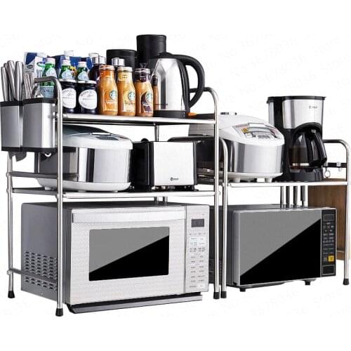304 High Quality Stainless Steel Kitchen Rack Microwave Oven Shelf Double Layers Floor Double Table Top Seasoning Storage