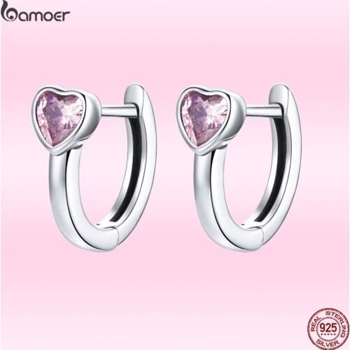 Bamoer 2021 Fashion Pink Love Earrings for Women Genuine 925 Sterling Silver Earrings Romantic Valentines Day Jewelry Gift