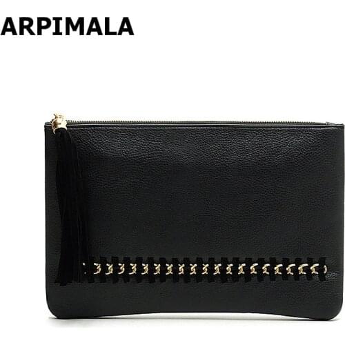 ARPIMALA high quality big day clutches for women black leather fringe envelope evening hand bags female designer party organizer