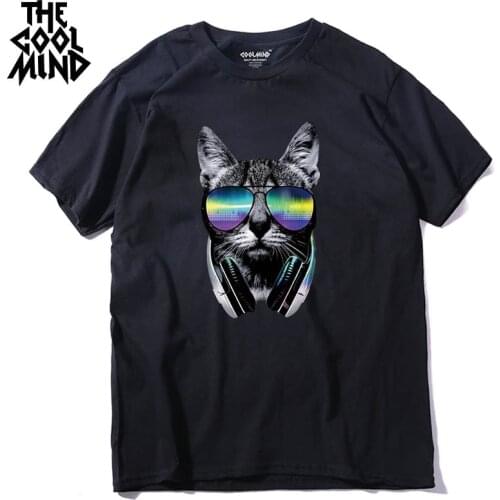 COOLMIND QI0313A fashion hiphop short sleeve music cat printed men T shirt funny cool summer crewneck mens T shirt tops tees