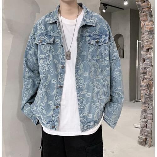 Vintage Spring Paisley Denim Jacket Men Hip Hop Bandana Male Outwear Casual Jeans Coat Man Cotton Oversize Clothes Autumn