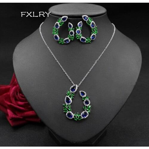 FXLRY luxurious fashion green cubic zircon flower Necklace And Earrings Sets For Women Brincos Bijoux Wedding Jewelry