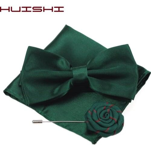 HUISHI Men 3pcs Bow Tie Handkerchief Brooch Set Bow Tie Set For Business Wedding Party Solid Color Bowties Pocket Square Pin
