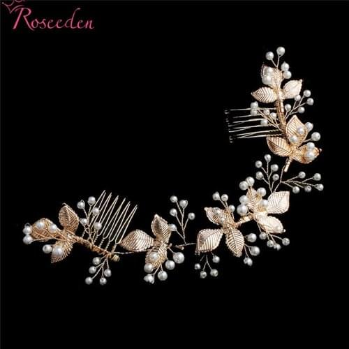 Classic Handmade Gold Leaves Wedding Long Hair Comb Bridal Hair Accessories Jewelry Pearls Alloy Headpieces RE3319