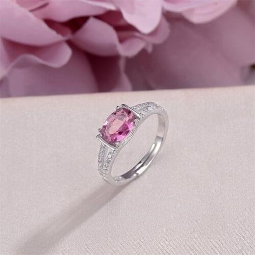 Fine Jewelry Sterling Silver Rings For Women Natural Gemstone 8*6mm Pink Topaz Oval Adjustable Ring White Gold Plated R-TO018