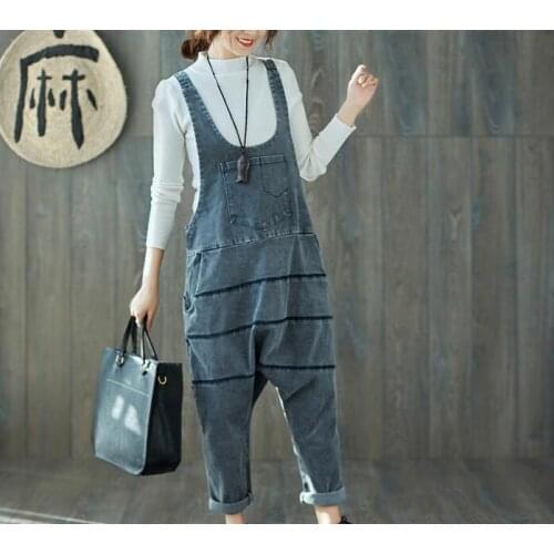 Women Baggy Jumpsuits Patchwork hanging crotch Rompers Jeans Trousers hip hop Ripped Overalls