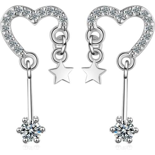 Sweet New 925 Sterling Silver Earrings For Women Dazzling Micro CZ Zircon Heart Star Tassel Earrings oorbellen Statement Jewelry