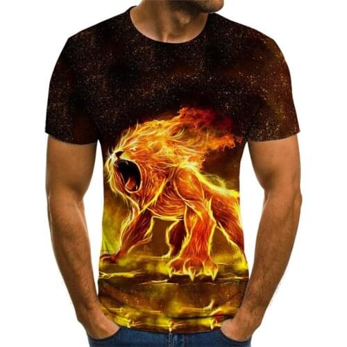 2021 summer new 3D printing animal lion domineering flame lion grassland overlord mens animal t-shirt childrens t-shirt