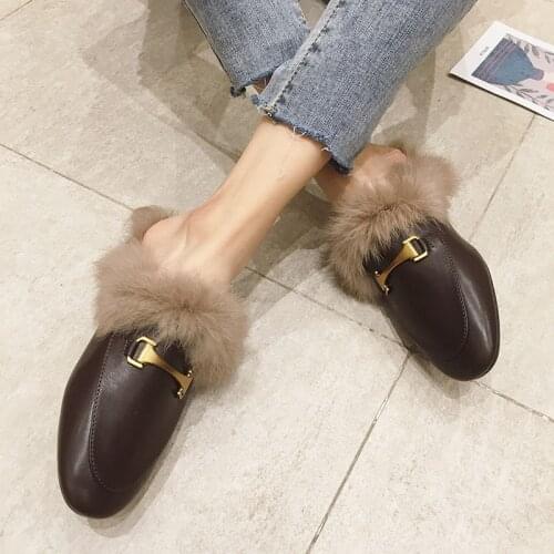 Winter New Real Fur Metal Buckle Mules Women Shoes Loafers Pregnant Shoes Women Furry Slides Fluffy Hairy Flip Flops
