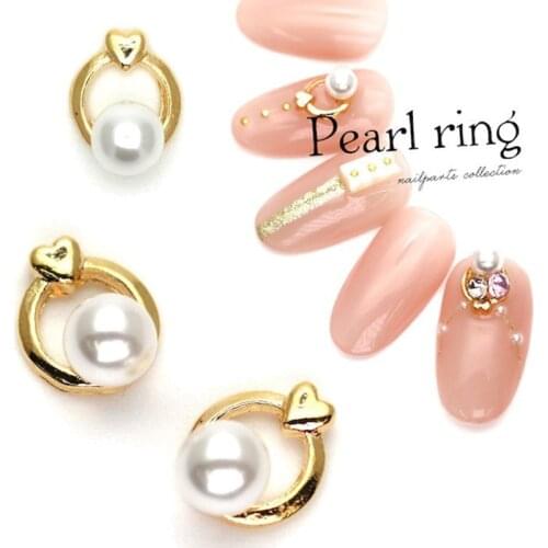 50pcs/pack Japan Alloy Nail Art charms decals gold love heart loop ring with pearl Metal Accessorie bride Nail Sticker DIY