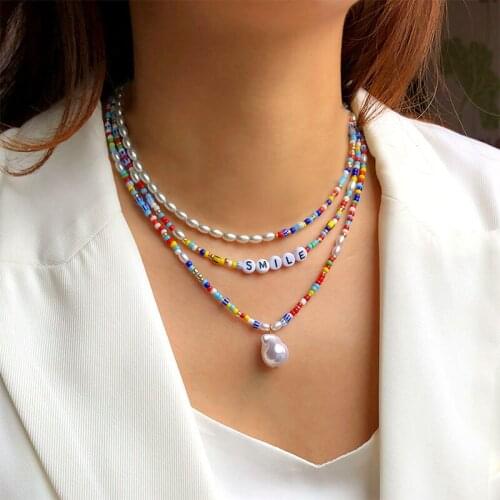 Bohemian Bead Necklace Women Girls Handmade Colorful Rainbow Beads Choker Stained Glass Rice Beaded Clavicle Chain Jewelry 2021