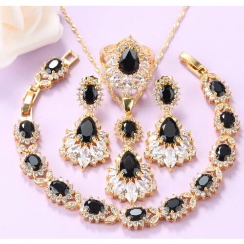 11.11 Sale Of Good Big Jewelry Sets Black Cubic Zirconia Long Earrings Necklace And Pendant Bracelet Ring Fashion Women Costume