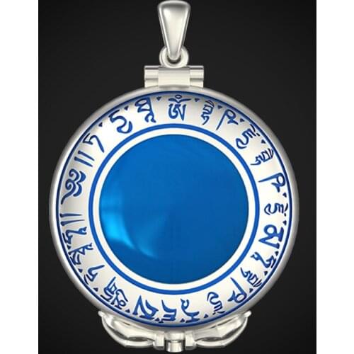 S925 Silver Pendant Necklace Herbalist Buddha Mantra Inlaid with blue agate Carving Buddhist scriptures Openable amulet jewelry