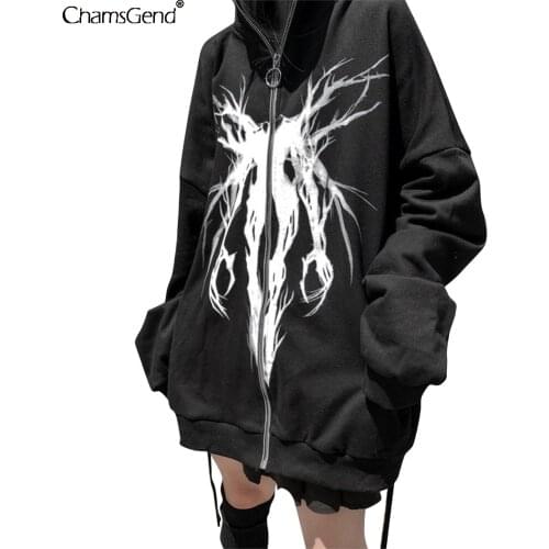 Hoodies Sweatshirts Punk Gothic Japan Harakuku Womens Printed Zipper Open Shirt Hooded Loose Large Coat Black Sweatshirt